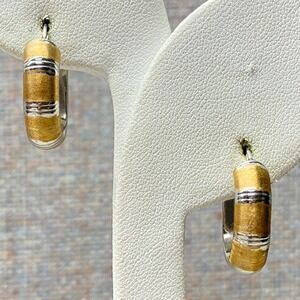 14k Italy Gold Silver Tone Hoop Earrings Textured Stripe Italian Hoop Earrings